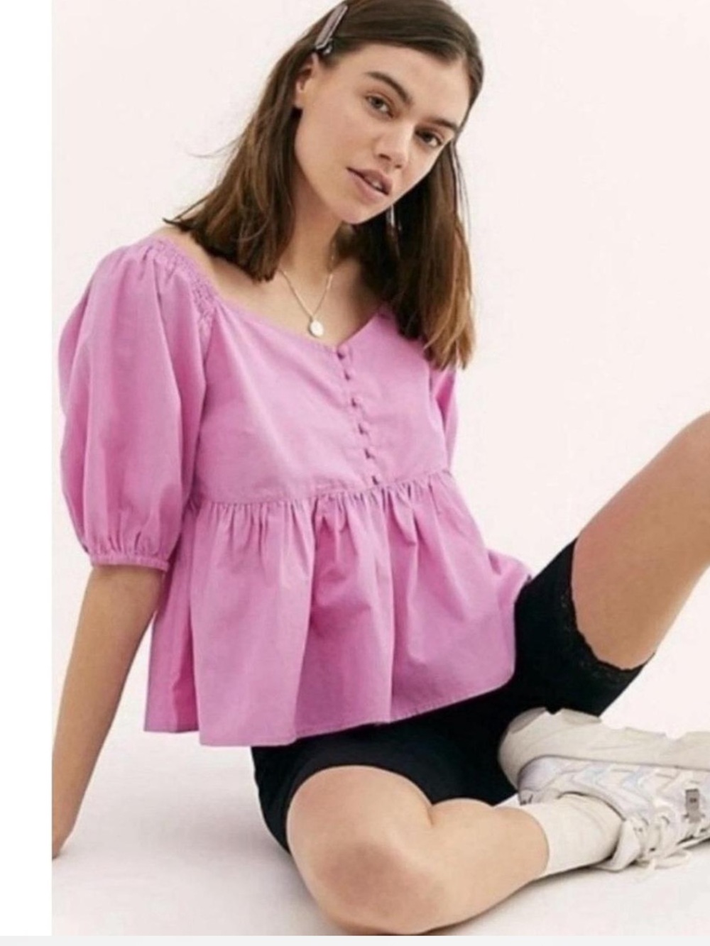 Free People Veronica 100% Cotton Sweetheart Puff Sleeve Peplum Blouse Top